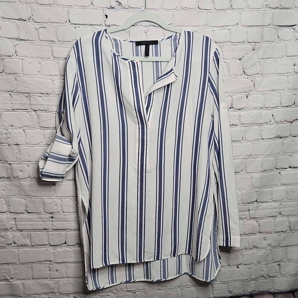 BCBG Max Azria Women's Striped Long Sleeve Blouse Roll Tab Sleeves Size Medium
